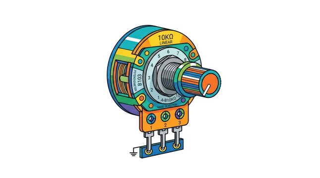 Colorful knob on vintage potentiometer with numbered settings and wiring connections.