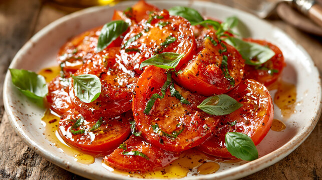 Fresh tomato slices with basil, gourmet ceramic plate