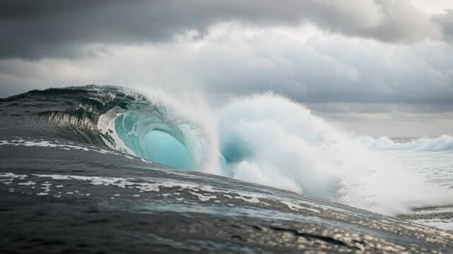 Powerful ocean wave crashing under stormy sky capturing raw energy of nature and dramatic sea conditions