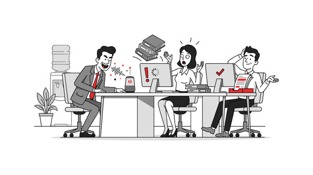 Business team overwhelmed with tasks and data from office technology and cloud integration.