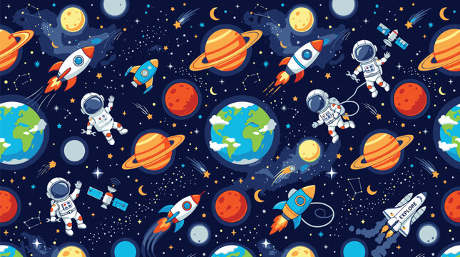 Outer space pattern planets stars and cute astronaut characters seamless background wallpaper vector illustration