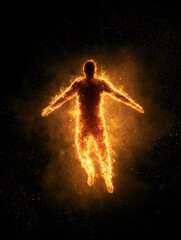 Obraz premium A figure made entirely of fire hovers in a dark space. This visual shows the concept of transformation and power without graphic elements.