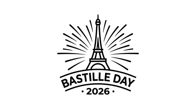 Minimalist Bastille Day 2026 logo with Eiffel Tower icon.