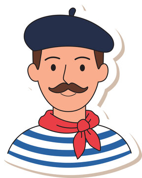 French man sticker illustration with beret, mustache and striped shirt