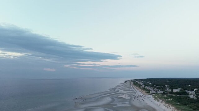 4K drone video of a Cape Cod beach and ocean during summer. Mayflower Beach, Massachusetts, MA, USA.