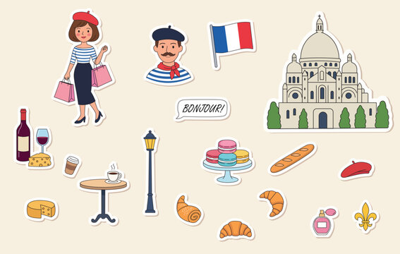French culture sticker set with Paris landmarks, food, fashion and travel icons