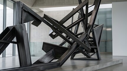 Naklejka premium Abstract Sculpture, Modern Art, Geometric Metal Structure, Black Metal Art