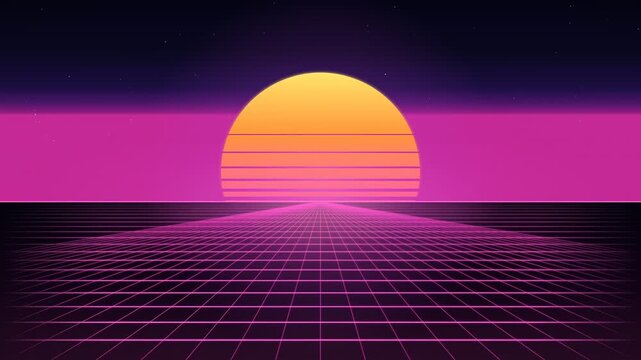 Retro synthwave landscape with a glowing neon perspective grid, vibrant purple horizon, luminous sunset, and futuristic digital atmosphere. Ideal as an abstract 1980s-inspired background.