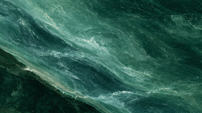 Turbulent Ocean Waters: Dynamic swirling patterns of deep green and aqua hues create a mesmerizing abstract texture of powerful ocean waves.