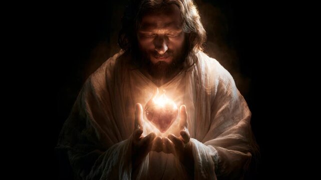  Jesus holds a radiant heart in a moment of connection and light during a spiritual scene
