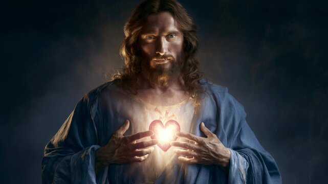Jesus holds a bright heart that shines with light, symbolizing love and compassion in a dark setting
