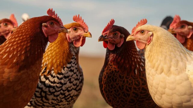 Close up of colorful hens gathered closely together in a sunny open field farm scene
