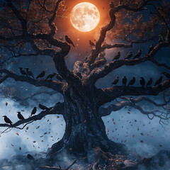 Fototapeta premium Crows on twisted tree branches under a large full moon
