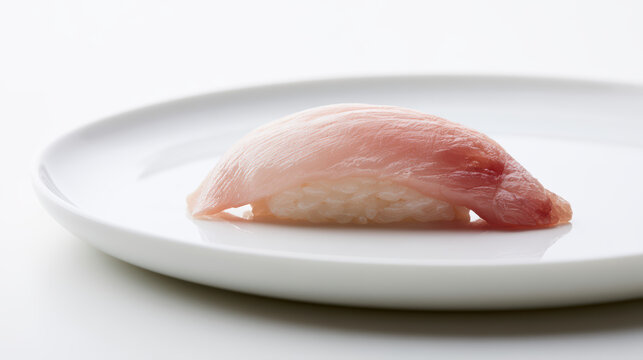 transparent cell-cultured yellowtail kingfish sushi on elegant plate