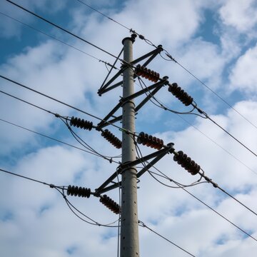 high voltage power line pylon against blue cloudy sky, electricity