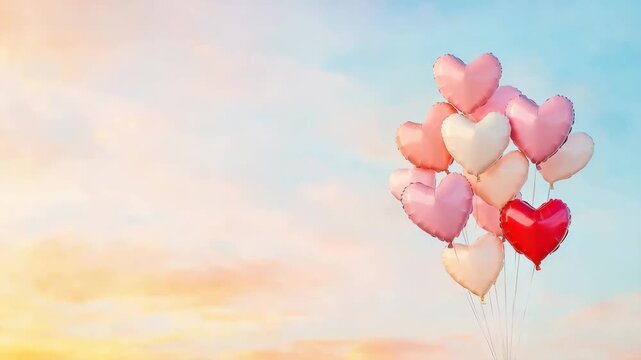 Heart shaped balloons floating against a soft pastel sky at sunrise or sunset