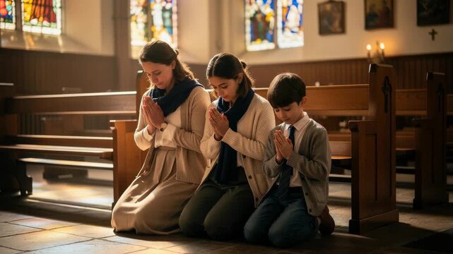 Family praying together inside a sunlit church with colorful stained glass windows
