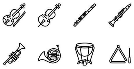 Set of black and white musical instrument outline icons including violin cello flute clarinet and trumpet Minimal stroke icon set bundle collection. Editable Vector Illustration Mega pack © Sumon Sorkar