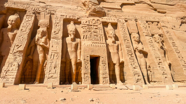 The Temple of Nefertari and the goddess Hathor near the Temple of Ramesses II at Abu Simbel, in southern Egypt, Nubia.