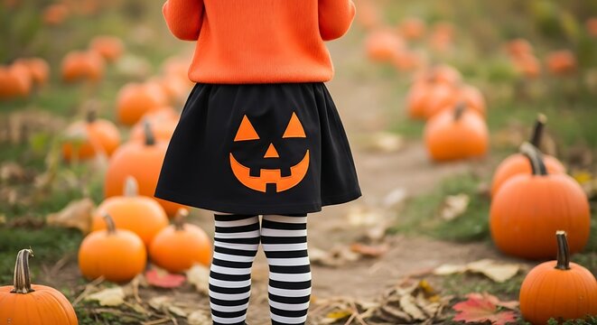 Halloween pumpkin patch fun child in orange sweater and jack o' lantern skirt among pumpkins