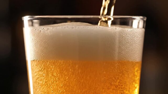 Golden craft beer cascades into a pint glass, a rich foam head slowly rising in a dark, moody ambiance, backlit warmly to highlight rising bubbles.