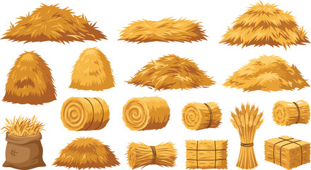 Haystack and straw bales vector set featuring yellow hay piles round rolls square bundles tied wheat stalks and a canvas sack © MdSaddam