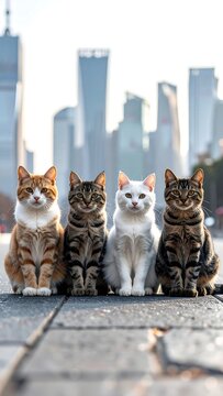 Four cats sitting on a snowy city street corner.
