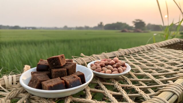 Traditional jaggery cubes and roasted peanuts in bowls on a woven cot with a green rice field background at sunset