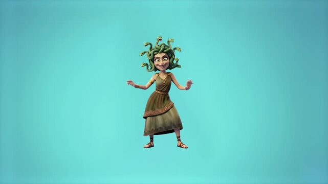 A stylized 3D cartoon Medusa with snakes for hair performs a cheerful dance. This mythical Greek character is isolated on a solid teal background.