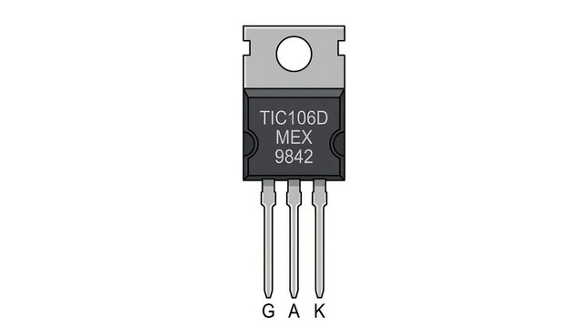 Front view of thyristor component tic106d showing manufacturer markings and pin labels gak.