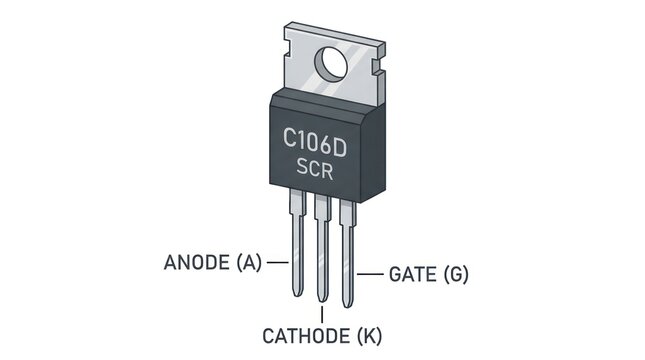 Isometric view of c106d silicon controlled rectifier showing anode cathode and gate leads.