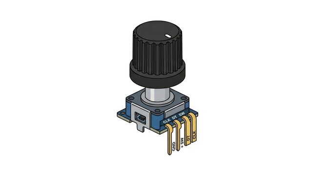Compact rotary encoder sensor with black knob for signal input and digital device control.