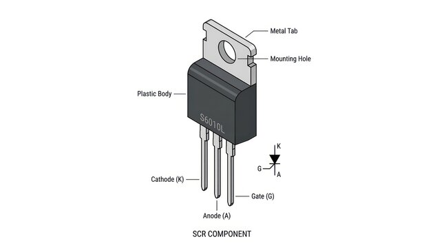 Illustration of silicon controlled rectifier component with labels for terminal pin names.