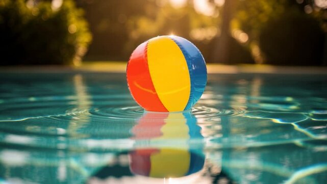 Colorful beach ball gently floating and spinning on sparkling pool water at sunny summer day