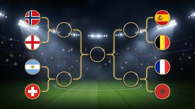 International Football Knockout Bracket Graphic with National Flag Icons in Stadium
