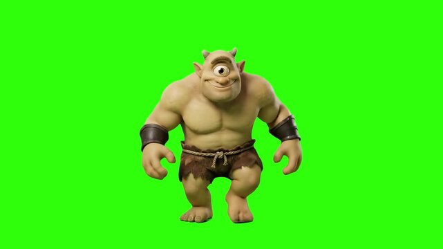 A detailed 3D render of a one-eyed cyclops monster performing a happy dance against a solid chroma key green screen. The clip is fully optimized for quick keying, background replacement, and easy inte