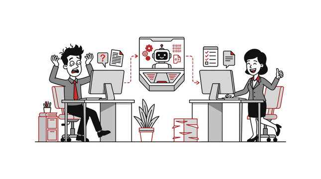 Stressed employee aided by robot assistant leads to happy co-worker success.