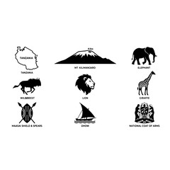 Fototapeta premium Tanzania travel landmarks and national culture icons set flat vector illustration isolated on white background african country symbols historic architecture wildlife safari and art pack
