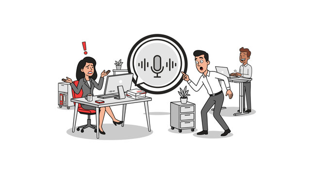 Professional team reacting to voice message problem in busy corporate office atmosphere.