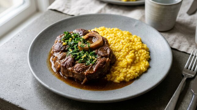 Osso Buco with Saffron Risotto on a Grey Plate.