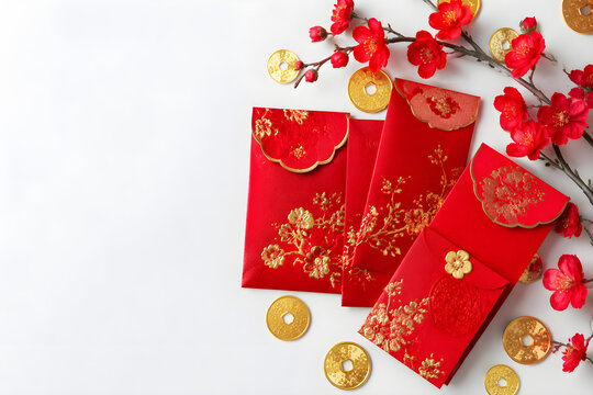 Chinese New Year Lunar New Year Flat Lay with Red Envelopes Gold Coins Lantern Lucky Red Background Copy Space