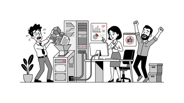 Man struggling with paper data fed into machine leading to happy team.
