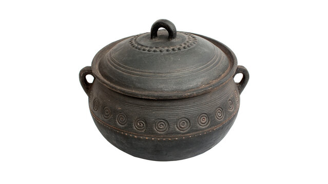 Black cast iron cooking pot cauldron kitchen cookware isolated on a transparent background