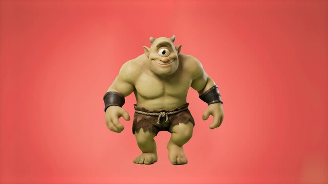 A powerful 3D cartoon Cyclops monster character dancing with a grin, set against a vibrant coral red studio backdrop. Designed for gaming promotions, fantasy story animations, mythical creature showca