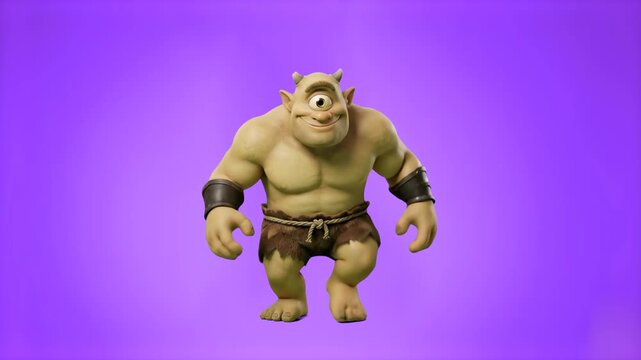 A muscular 3D cartoon Cyclops monster character with a single eye dancing enthusiastically, set against a solid purple studio backdrop. Great for Greek mythology educational clips, fantasy video game 