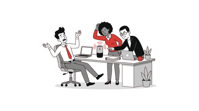 Confused business people arguing about smart speaker on desk, man throwing hands up in despair.