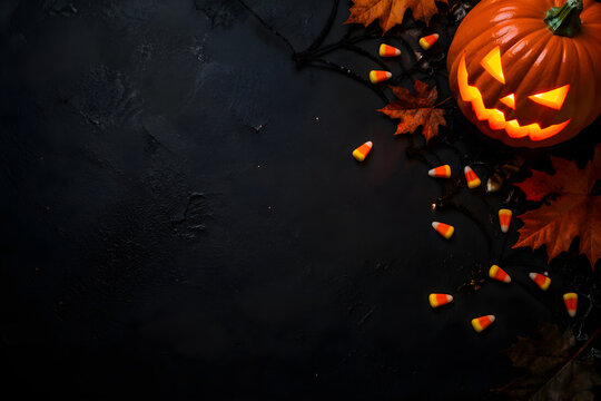 Halloween October 31 Jack-o-lantern Pumpkins Flat Lay Dark Wooden Background Orange Carved Spooky Copy Space