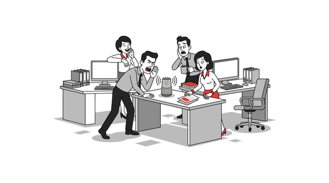 Office workers frustrated with malfunctioning smart speaker technology assistant in office environment.