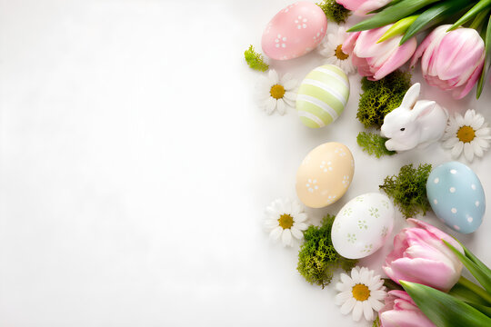 Easter Spring Holiday Flat Lay with Pastel Tulips White Flowers Bunny Eggs Nest April Celebration Top View Copy Space