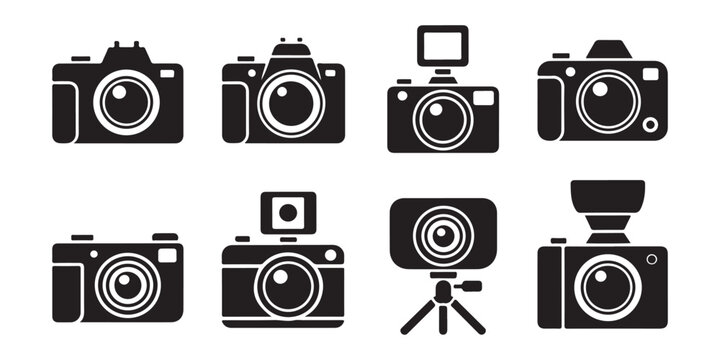 Set of eight camera icons for photography illustration including different lens types.